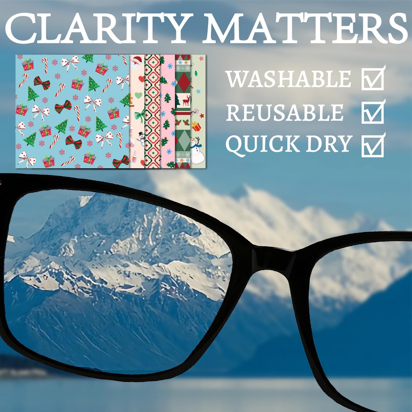 CREATCABIN 6 Packs Christmas Glasses Cleaning Cloths – Suede Fiber Microfiber Cloths, 6 x 6 Inch
