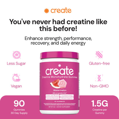 Create Creatine Monohydrate Gummies – 1.5g per Gummy, Vegan, Anti-Melt, Orange Flavor