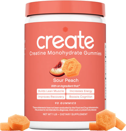 Create Creatine Monohydrate Gummies – 1.5g Per Gummy, Vegan, Anti-Melting, Sour Peach Flavor