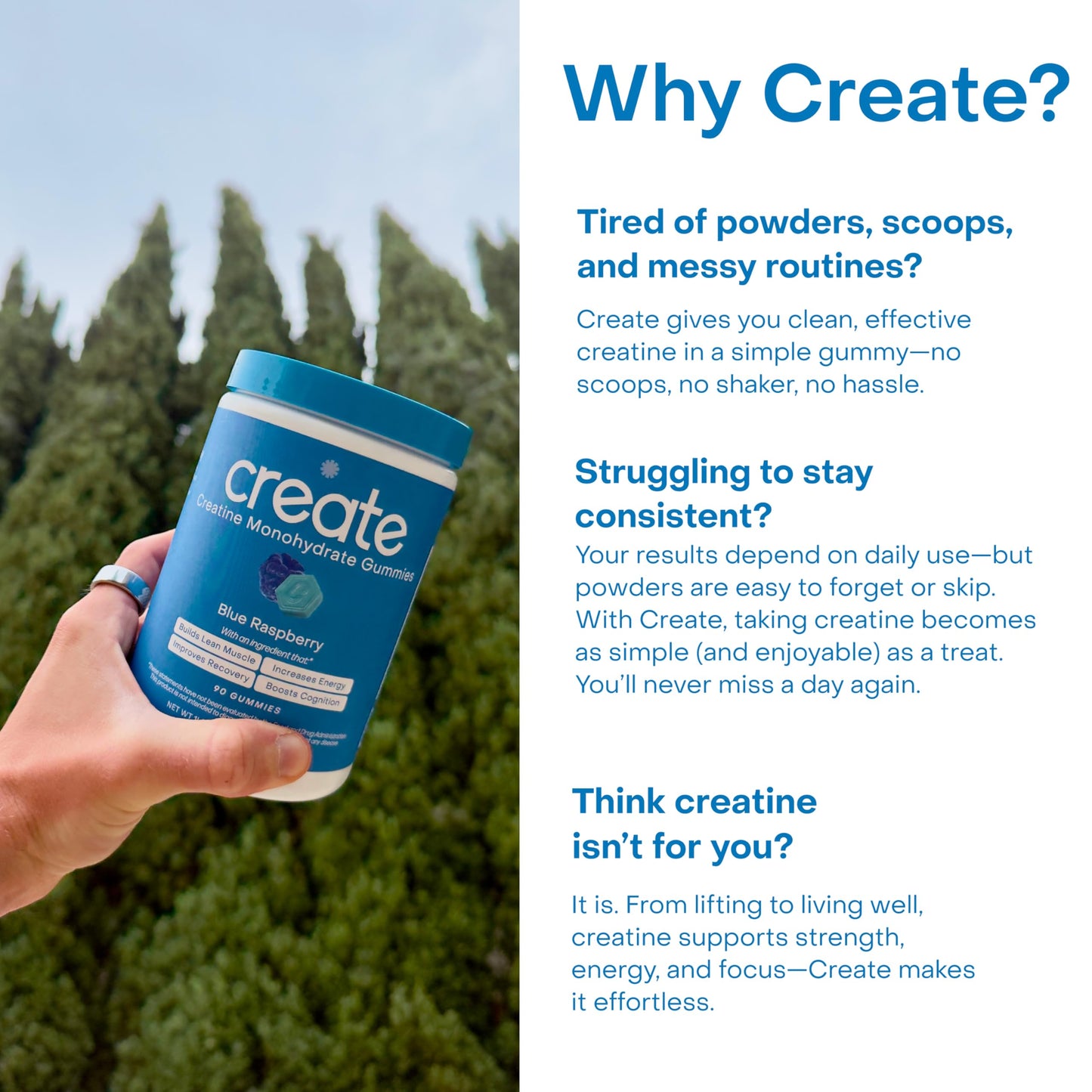 Create Creatine Monohydrate Gummies – 1.5g per Gummy, Vegan, Anti-Melting
