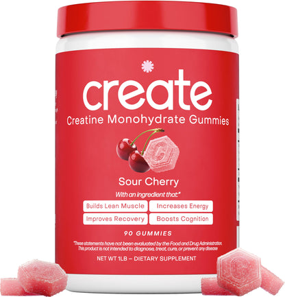Create Creatine Monohydrate Gummies – 1.5g Per Gummy, Sour Cherry, Vegan, Gluten‑Free