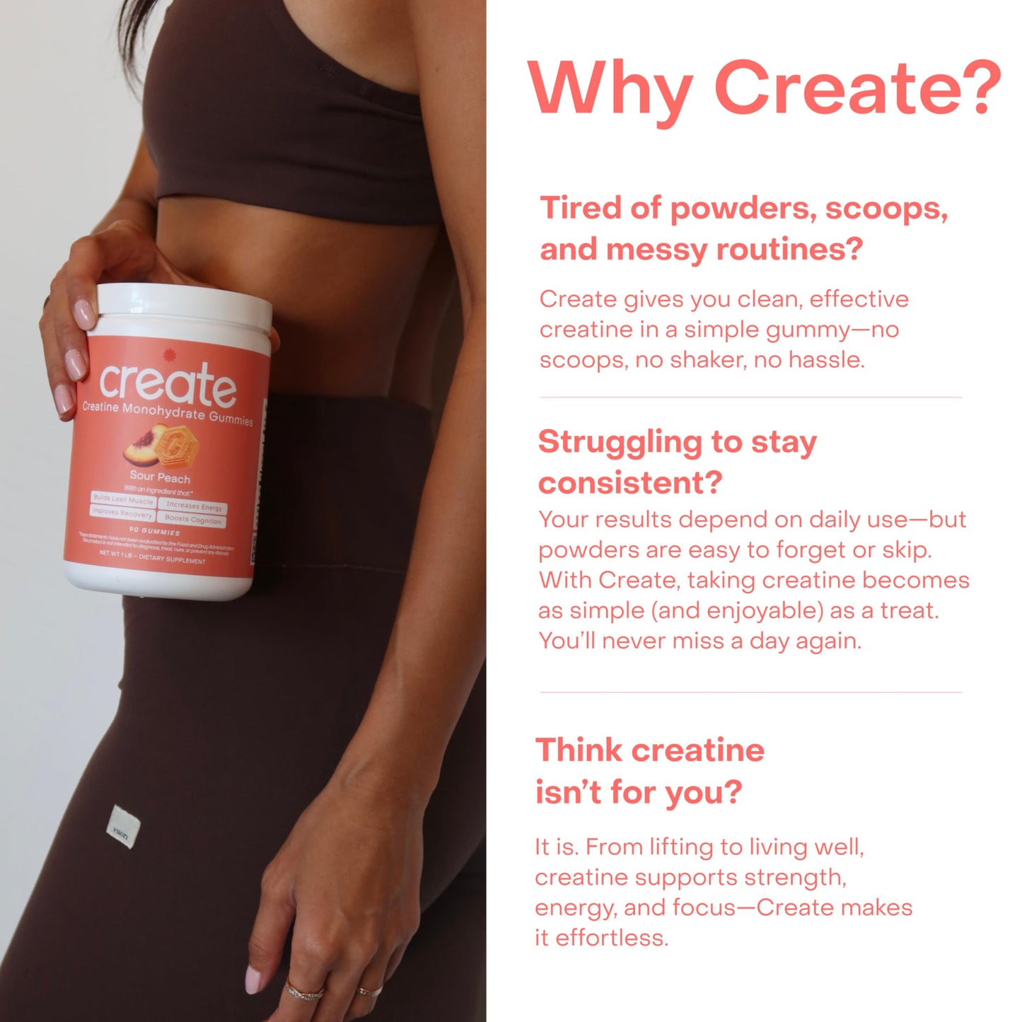 Create Creatine Monohydrate Gummies – 1.5g Per Gummy, Vegan, Anti-Melting, Sour Peach Flavor