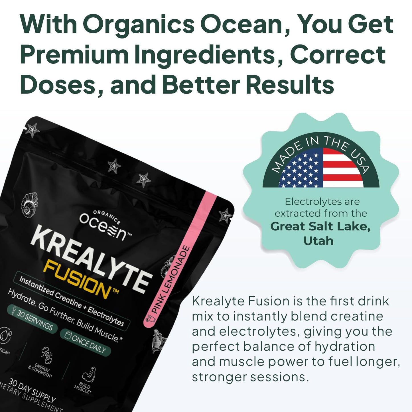 Organics Ocean Krealyte Fusion: Instantized Creatine Monohydrate + Electrolytes, Pink Lemonade, 30 Servings