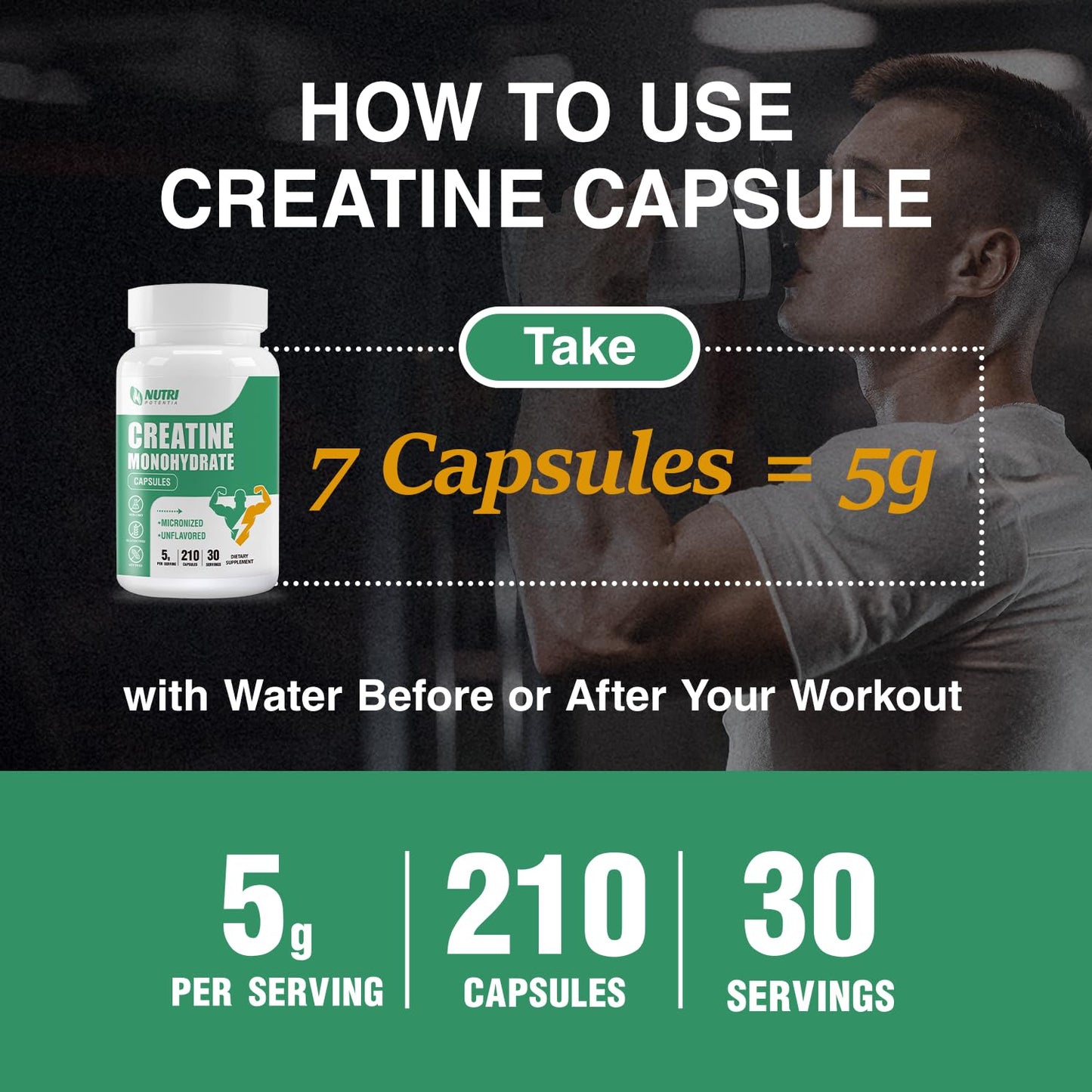 Creatine Monohydrate Capsules - Pure Micronized, Unflavored, 210 Capsules