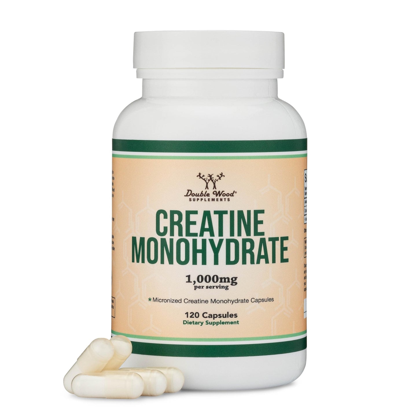 Creatine Monohydrate Capsules - 1g per Serving, 120 Count | No Fillers, Vegan Safe, Non-GMO, Gluten Free | Double Wood