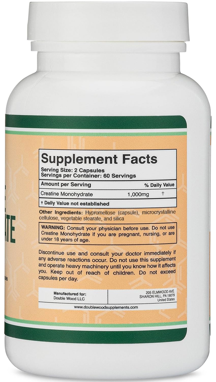 Creatine Monohydrate Capsules - 1g per Serving, 120 Count | No Fillers, Vegan Safe, Non-GMO, Gluten Free | Double Wood