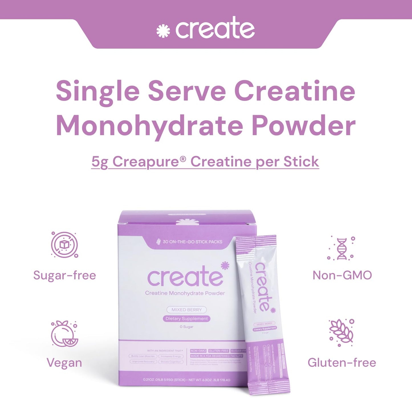 Create Single-Serve Creatine Monohydrate Powder – 5g Creapure Creatine, Sugar-Free, Vegan | Mixed Berry | 30 Portable Packets
