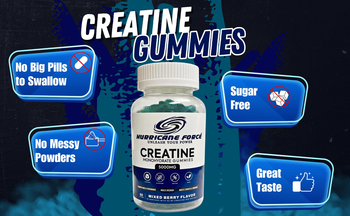 Creatine Monohydrate Gummies - Sugar-Free Vegan Pre & Post Workout | 60 Chews