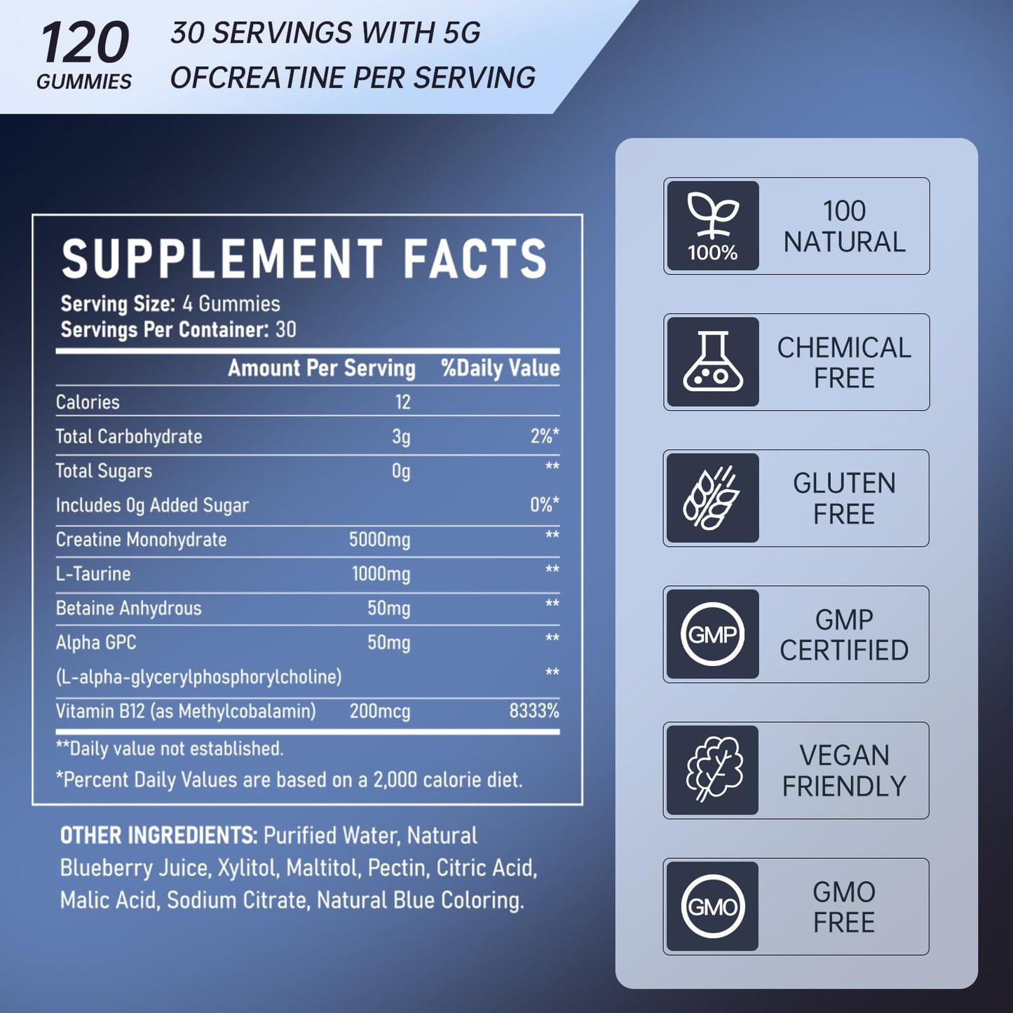 Creatine Monohydrate Gummies – Muscle Strength, Energy & Pre-Workout (120 Count Pack of 2)