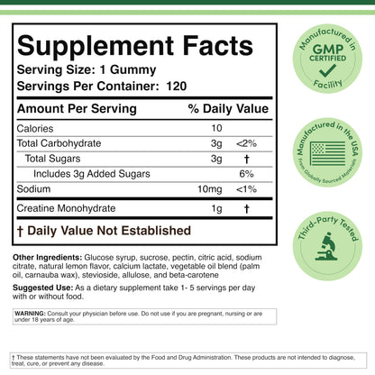 Creatine Monohydrate Gummies – 1g Per Gummy, 120 Count | Vegan, Non-GMO, Gluten Free | Double Wood