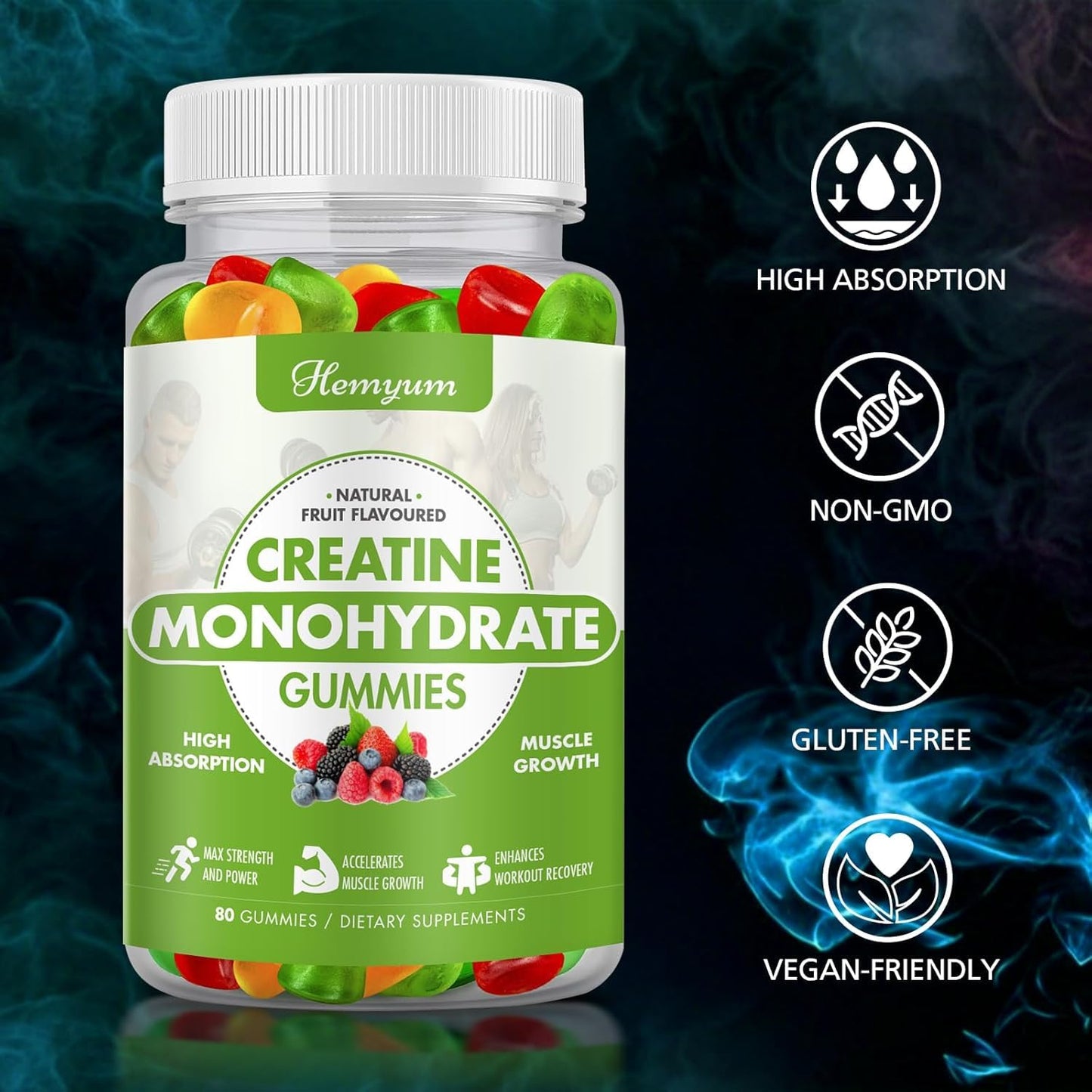 Creatine Monohydrate Gummies – 80 Count | Vegan, Gluten-Free | Strength, Focus & Endurance (Men & Women)