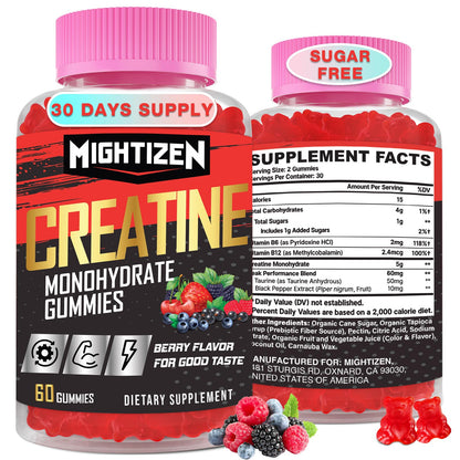 Creatine Monohydrate Gummies – Berry Pre-Workout for Men & Women, Taurine & B12, 60 Count