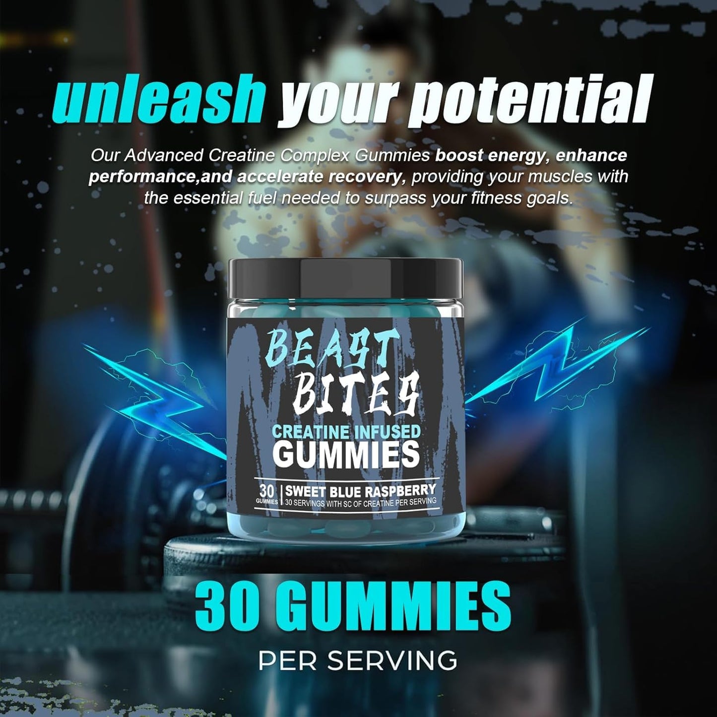 Creatine Monohydrate Gummies 5g - Vegan, Halal, Sugar-Free | Blue Raspberry