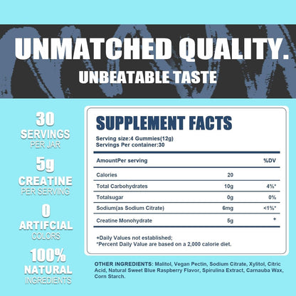 Creatine Monohydrate Gummies 5g - Vegan, Halal, Sugar-Free | Blue Raspberry