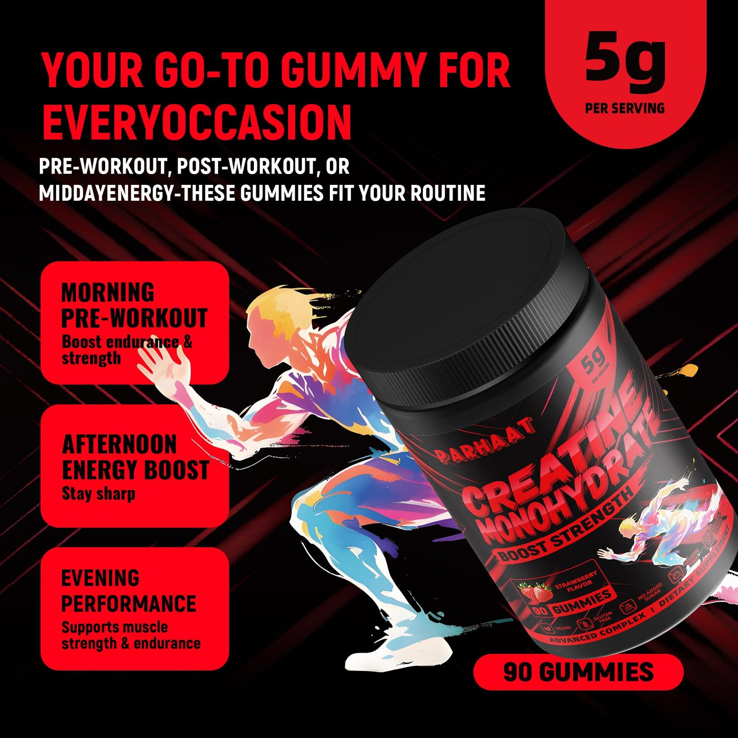 Creatine Monohydrate Gummies 5g for Men & Women - Boost Focus,Strength, and Endurance, Anti-Melting Formula, Vegan, Gluten-Free, Non-GMO, 2.5 Gram Creatine per Gummy (Strawberry 90 ct)