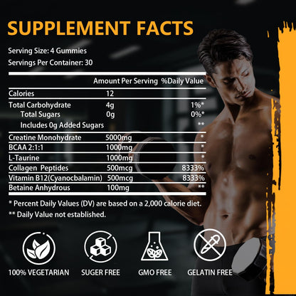 Creatine Monohydrate Gummies – Complex 8000 mg Pre-Workout | 120 Count | Vegan, Sugar-Free