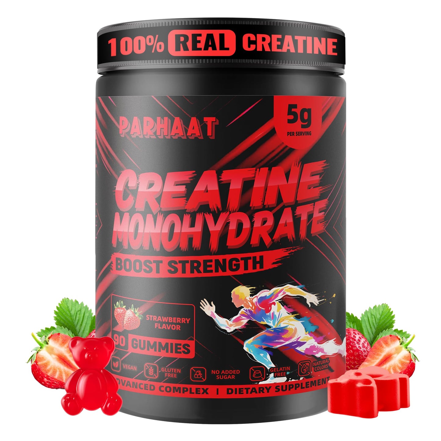 Creatine Monohydrate Gummies 5g for Men & Women - Boost Focus,Strength, and Endurance, Anti-Melting Formula, Vegan, Gluten-Free, Non-GMO, 2.5 Gram Creatine per Gummy (Strawberry 90 ct)