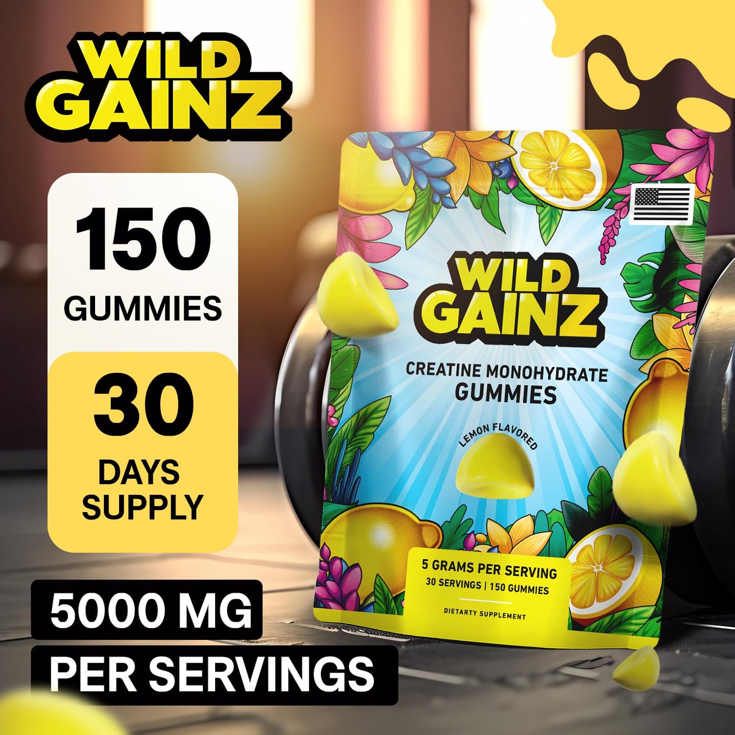 Creatine Monohydrate Gummies 5000mg – Made in USA, Vegan, Lemon | Muscle Growth & Focus