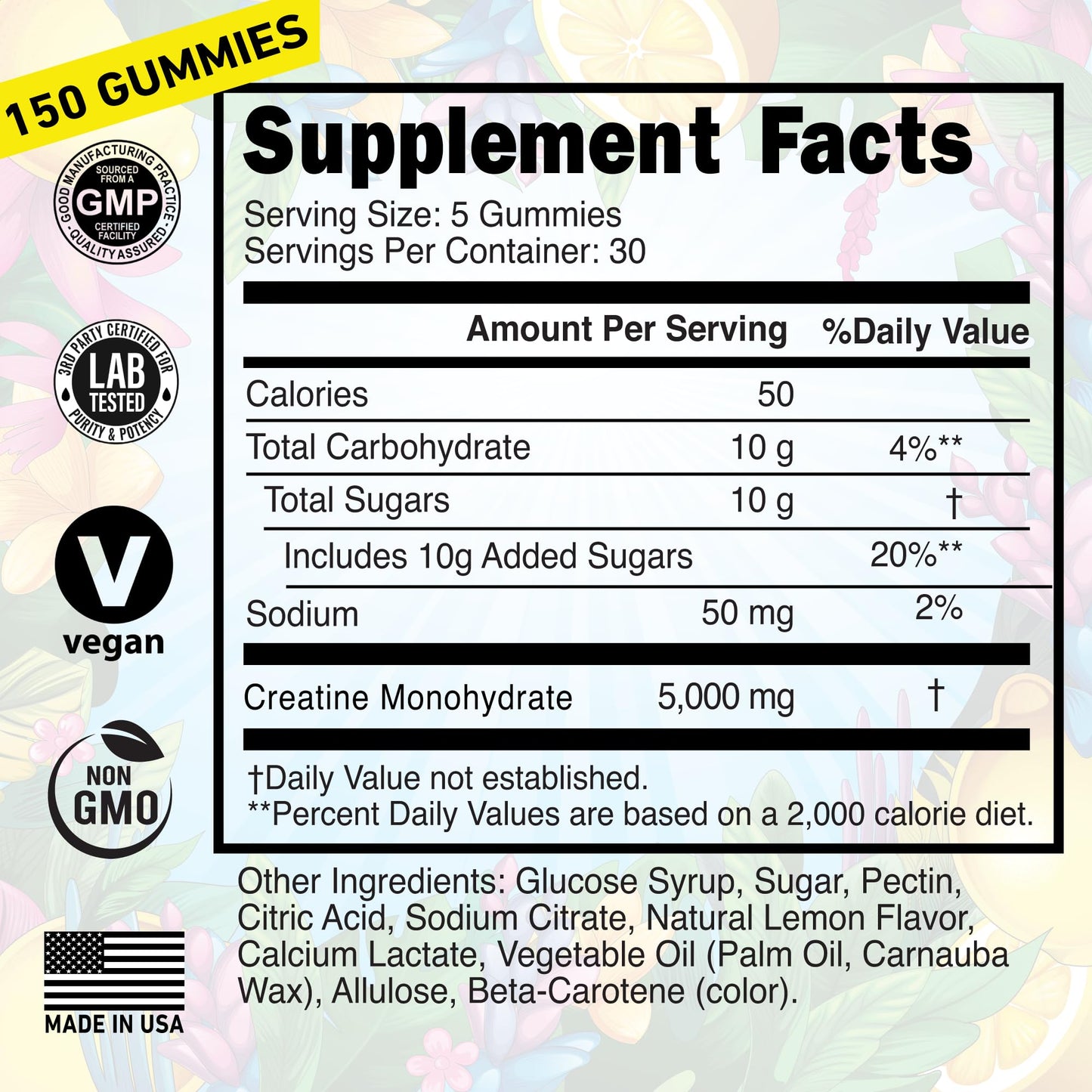 Creatine Monohydrate Gummies 5000mg – Made in USA, Vegan, Lemon | Muscle Growth & Focus