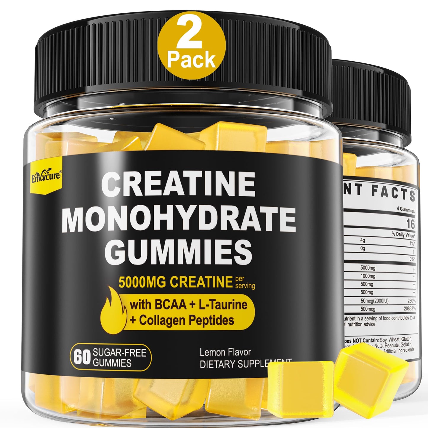 Creatine Monohydrate Gummies 5g per Serving - Sugar Free, Lemon Flavor | BCAA, Collagen, B12, D3 | 2 Pack
