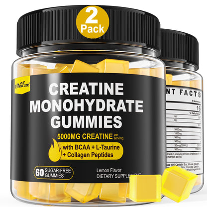 Creatine Monohydrate Gummies 5g per Serving - Sugar Free, Lemon Flavor | BCAA, Collagen, B12, D3 | 2 Pack
