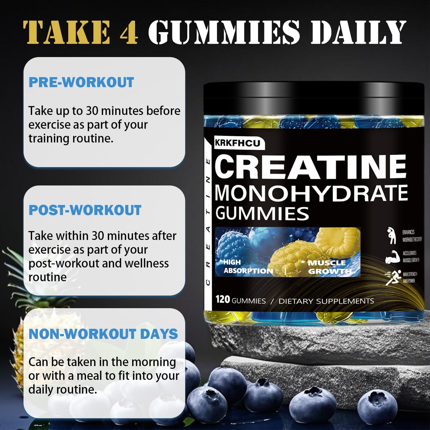 Creatine Monohydrate Gummies – Complex 8000 mg Pre-Workout | 120 Count | Vegan, Sugar-Free