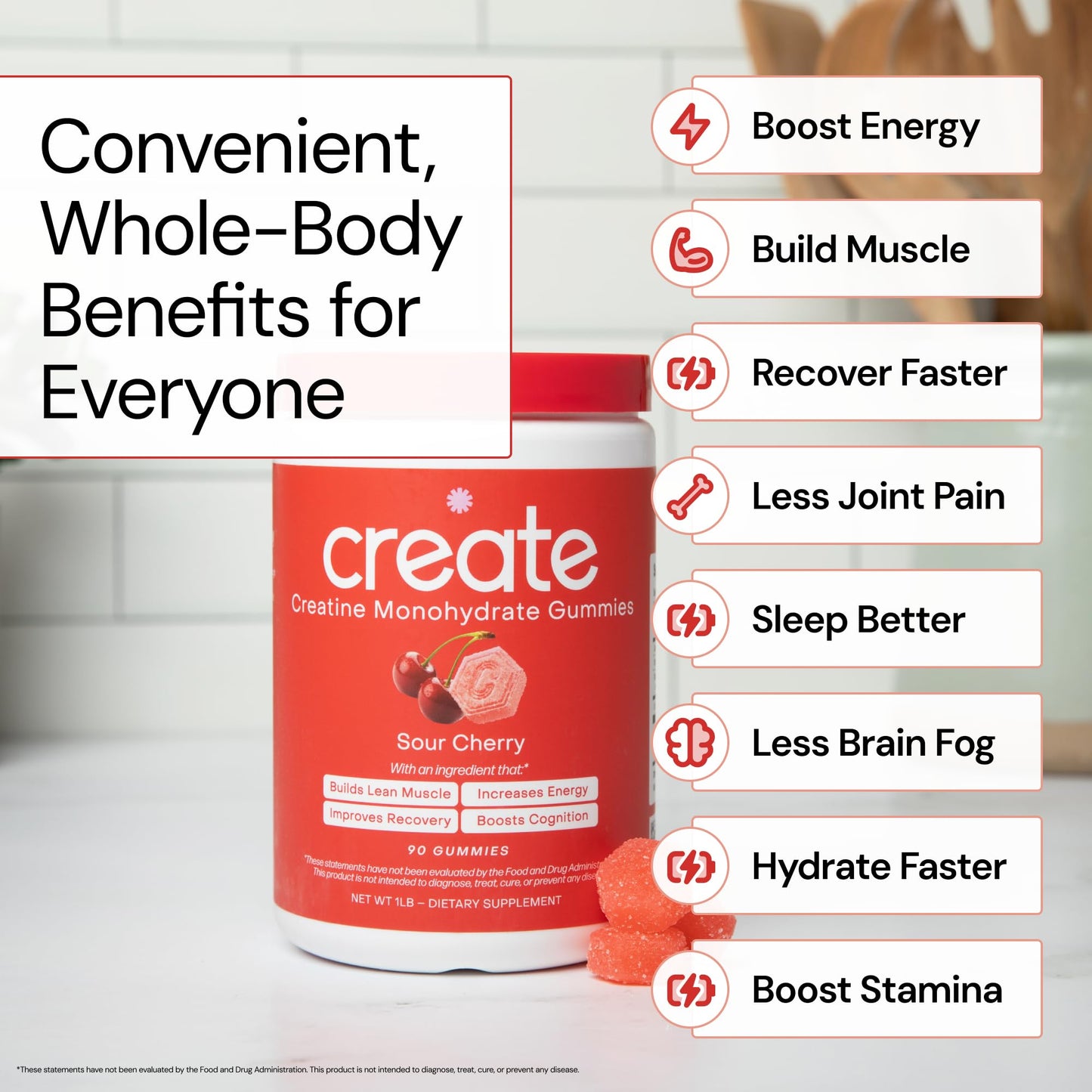 Create Creatine Monohydrate Gummies – 1.5g Per Gummy, Sour Cherry, Vegan, Gluten‑Free