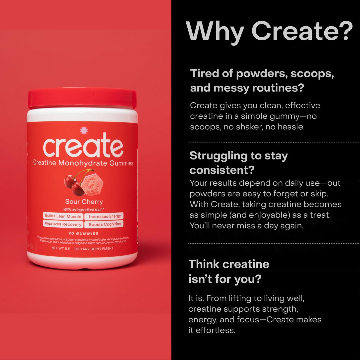 Create Creatine Monohydrate Gummies – 1.5g Per Gummy, Sour Cherry, Vegan, Gluten‑Free