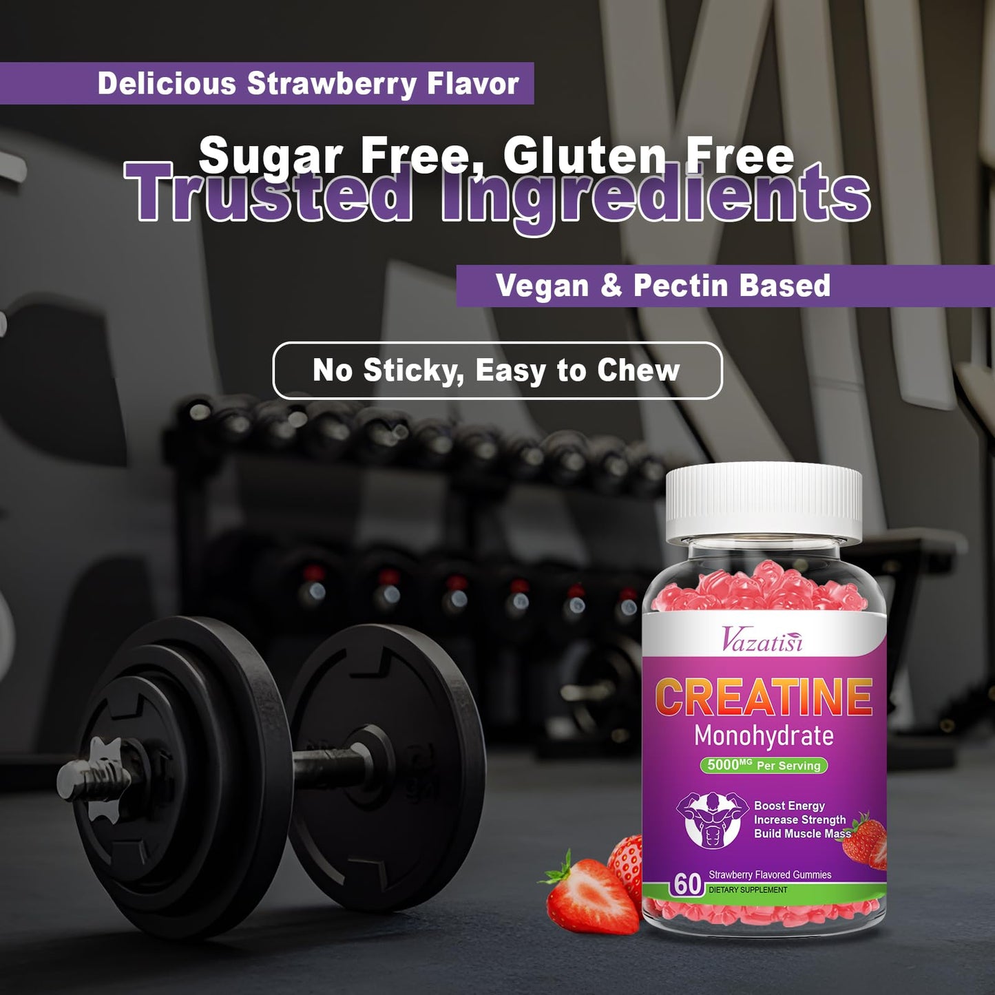 Creatine Monohydrate Gummies – Sugar Free Vegan, Strawberry, 60 Count