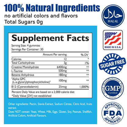 Creatine Monohydrate Gummies for Men & Women – 120 Count | Sugar Free, Vegan, Blueberry