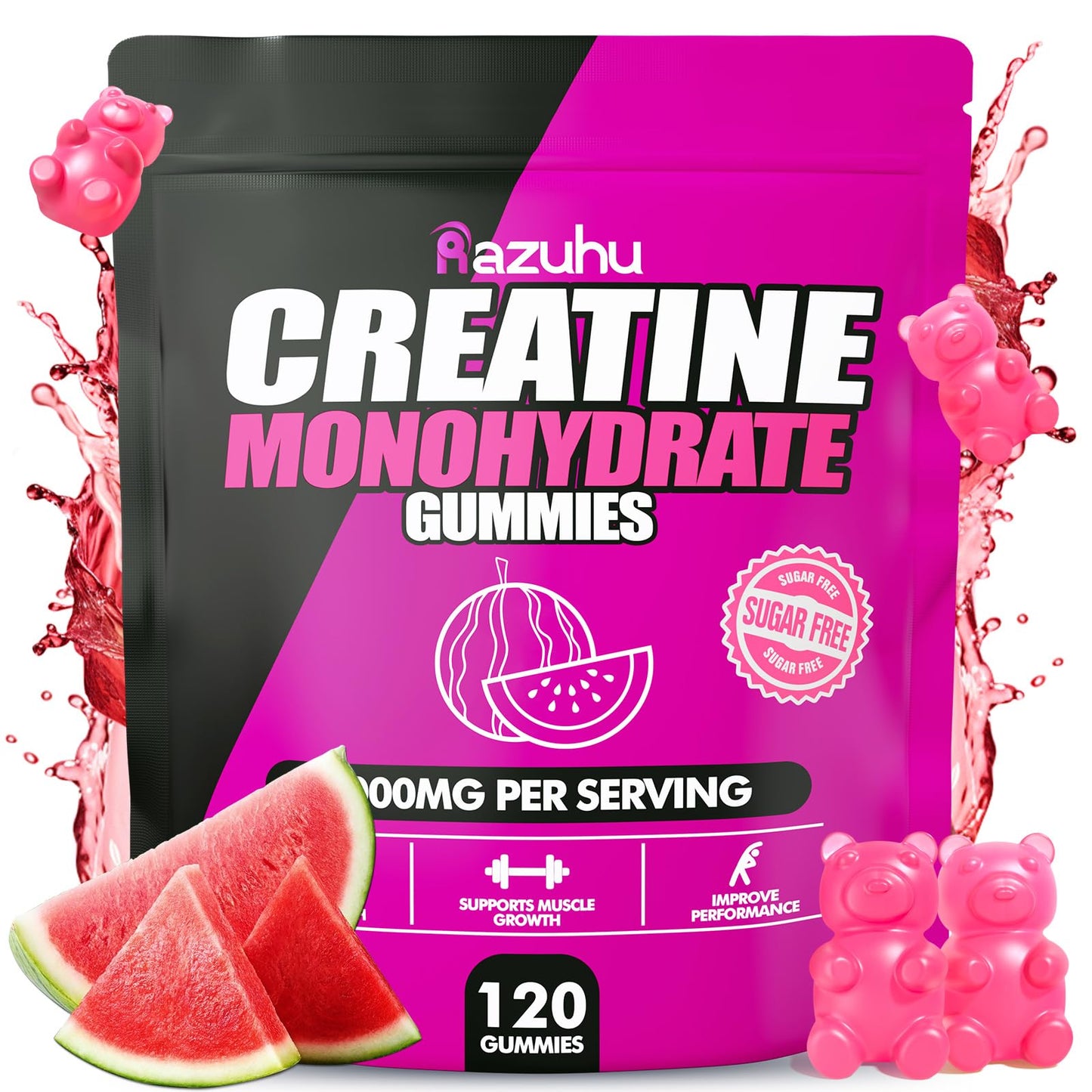 Creatine Monohydrate Gummies Sugar Free – Watermelon (120 count) | Pre-Workout for Men & Women
