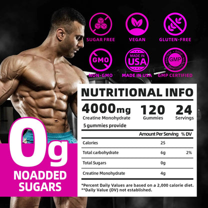 Creatine Monohydrate Gummies Sugar Free – Watermelon (120 count) | Pre-Workout for Men & Women