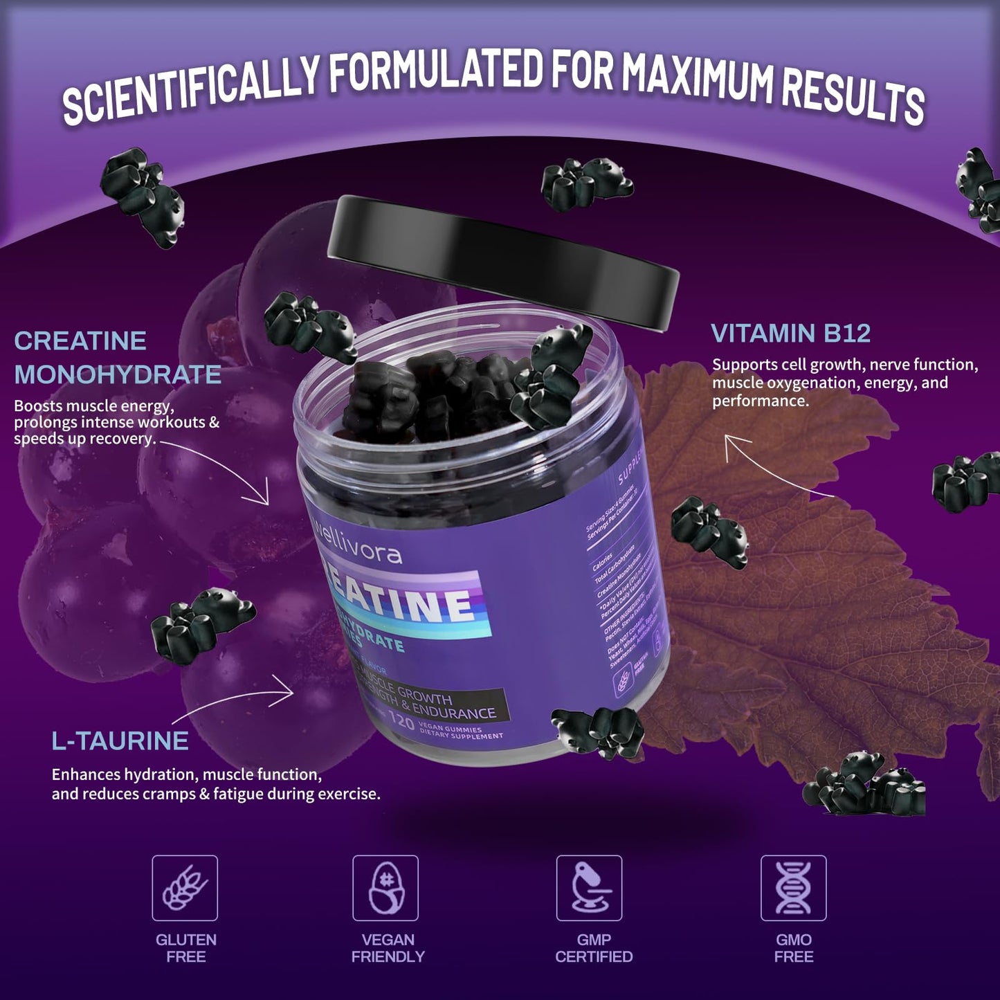 Creatine Monohydrate Gummy – 5000mg/Serving, 120 Gummies, Blackcurrant