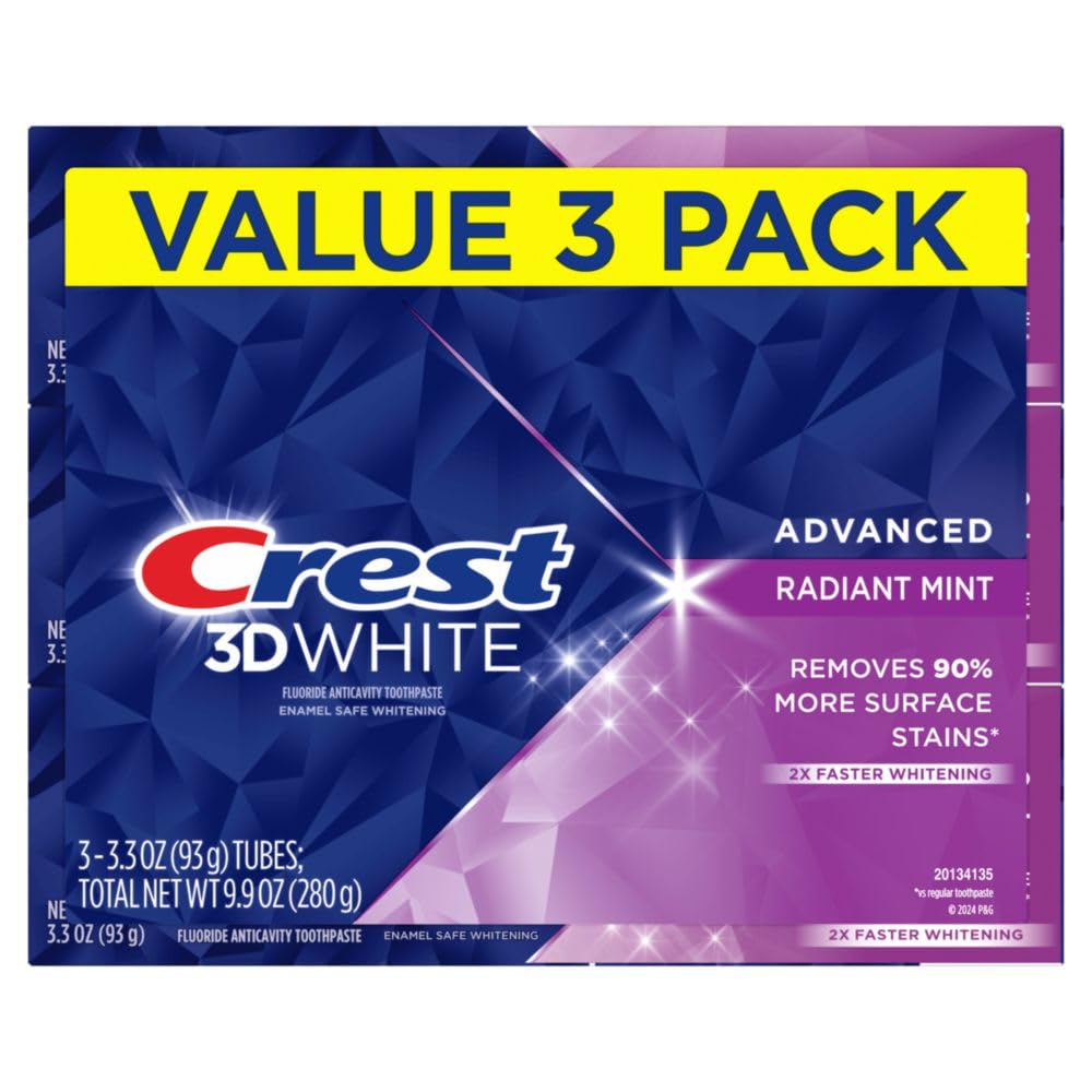 Crest 3D White Advanced Whitening Toothpaste — Radiant Mint, 3.3 oz Pack of 3
