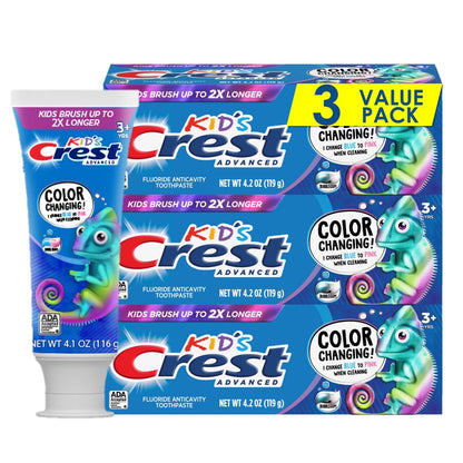 Crest Advanced Kid's Fluoride Toothpaste – Bubblegum Flavor, 4.2 oz, 3 Count, Color-Changing