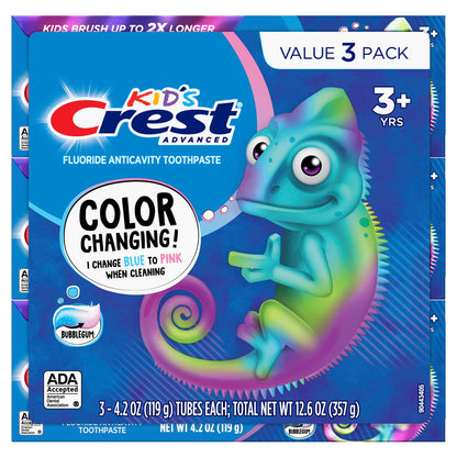 Crest Advanced Kid's Fluoride Toothpaste – Bubblegum Flavor, 4.2 oz, 3 Count, Color-Changing