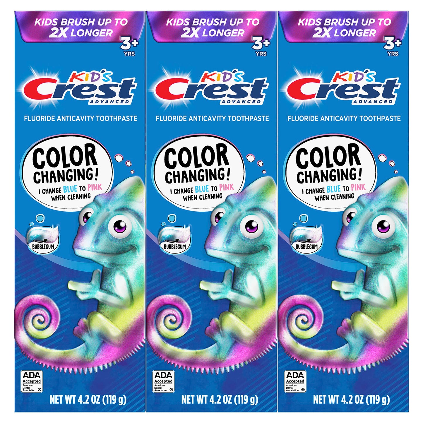 Crest Advanced Kid's Fluoride Toothpaste – Bubblegum Flavor, 4.2 oz, 3 Count, Color-Changing