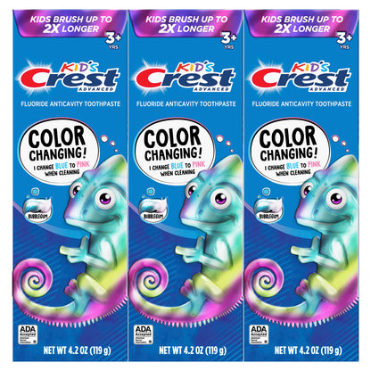 Crest Advanced Kid's Fluoride Toothpaste – Bubblegum Flavor, 4.2 oz, 3 Count, Color-Changing