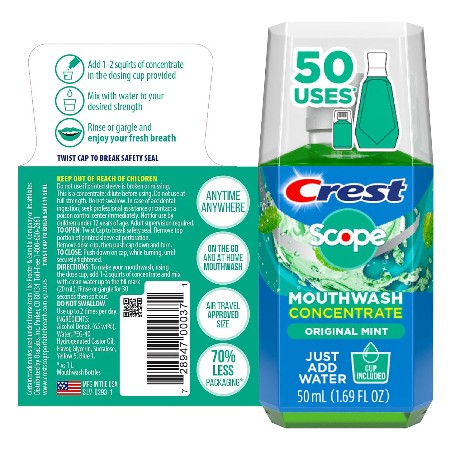 Crest Scope Mouthwash Concentrate - Travel Size 50 ml, Original Mint, 2 Pack