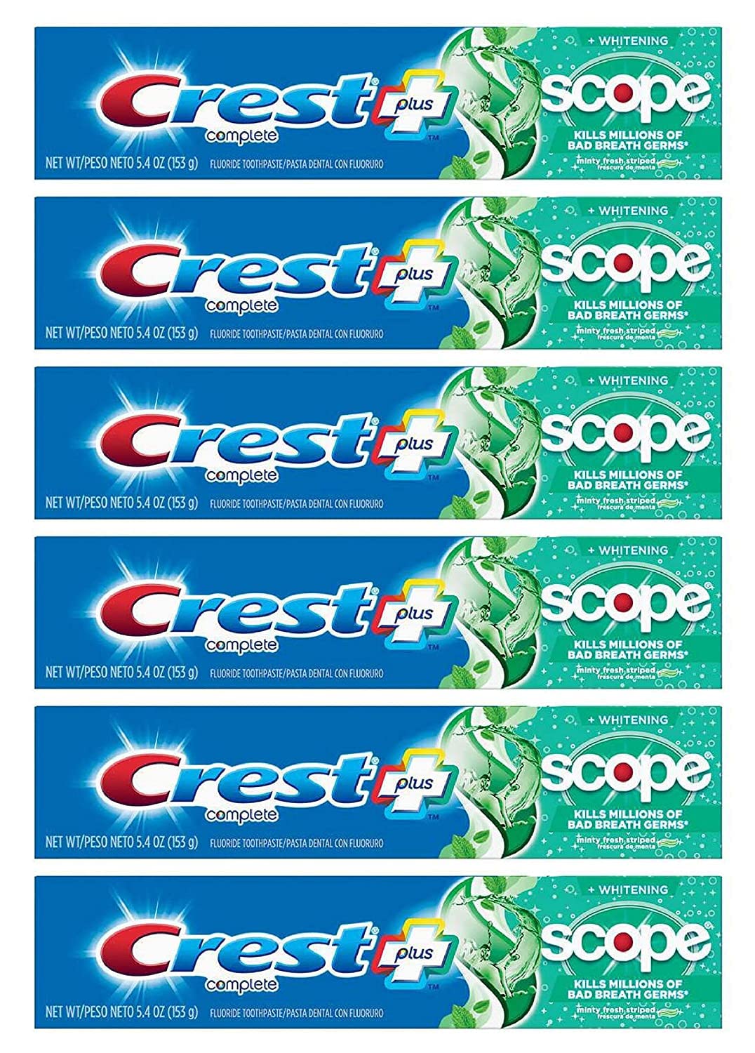 Crest Toothpaste 5.4 oz + Scope Whitening Minty Fresh (Pack of 6) | Crest & Scope Complete Whitening