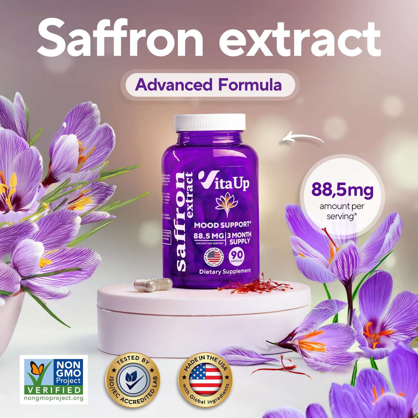 VitaUp Saffron Supplements – USA Made Saffron Extract 88.5 mg – Non-GMO, 90 Vegan Capsules | Mood, Energy & Cognitive Support