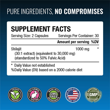 Approved Science Pure Himalayan Shilajit - 50% Fulvic Acid - 30:1 Extract - 60 Vegan Capsules | High-Potency Supplement