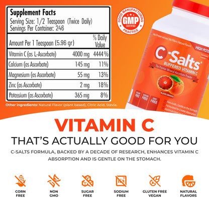 C-Salts Vitamin C Powder - Buffered Ascorbic Acid, Blood Orange, 26 oz | Immune Support (Sugar-Free, Vegan)