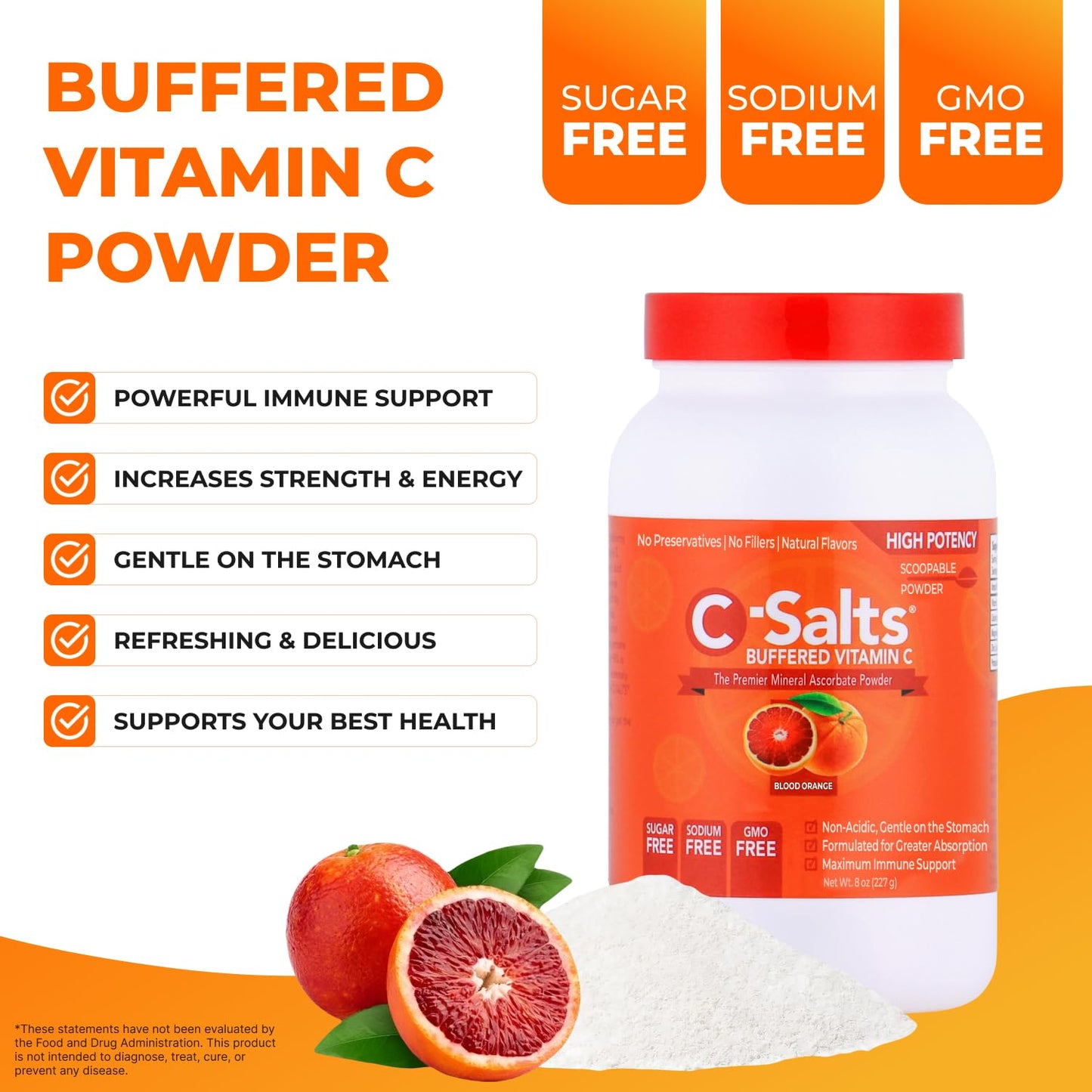 C-Salts Vitamin C Powder - Buffered Ascorbic Acid, Blood Orange, 26 oz | Immune Support (Sugar-Free, Vegan)