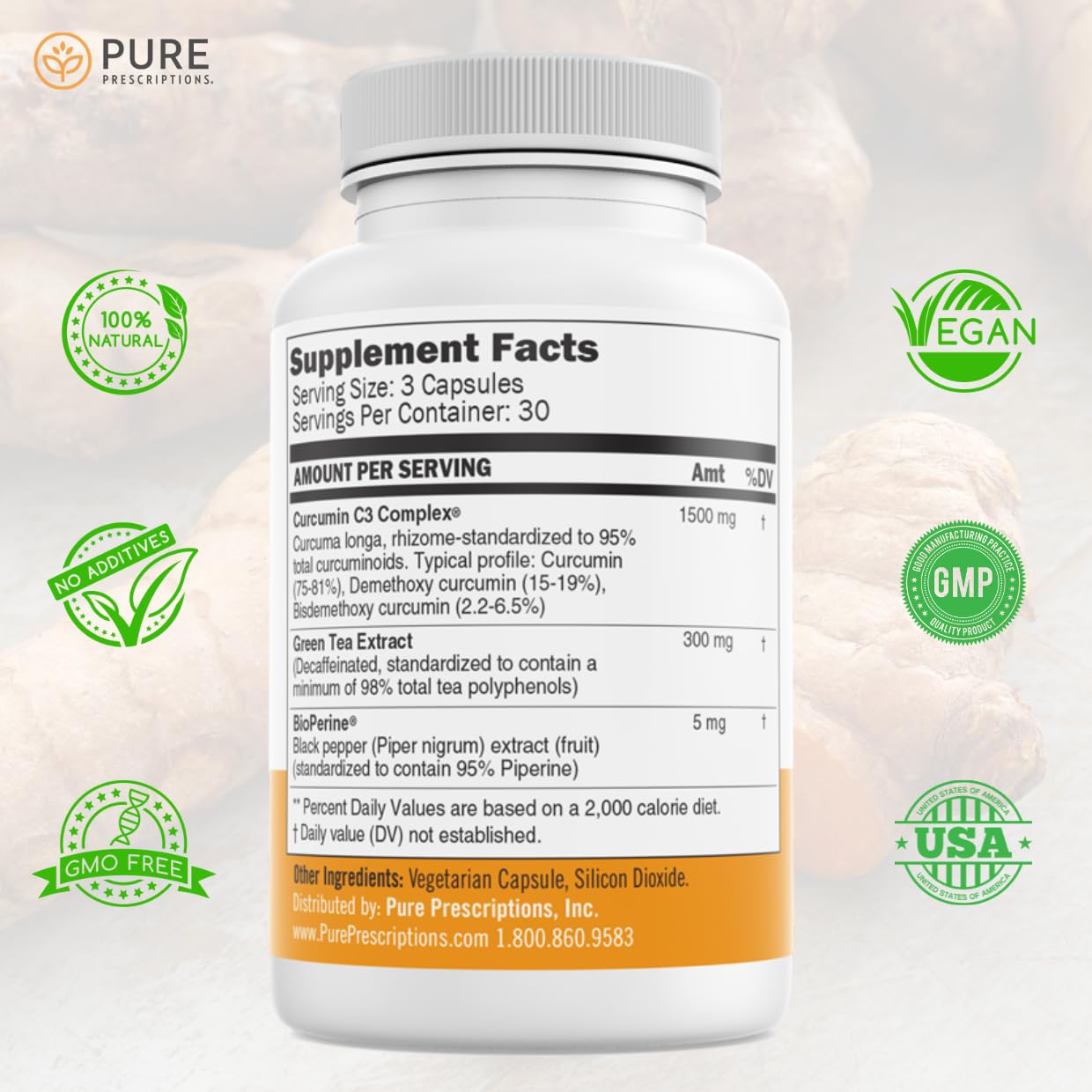 Pure Prescriptions Turmeric Curcumin C3 Complex with Bioperine - 1500mg per Serving | 90 Veg Capsules | Made in USA