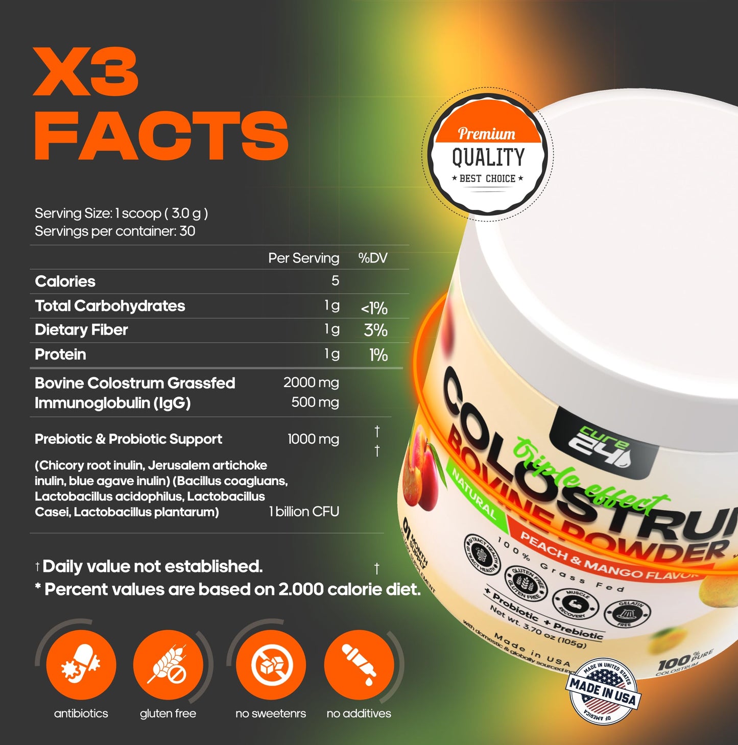 Cure24 Bovine X3 Colostrum Powder for Humans - 100% Pure, Grass-Fed, High IgG