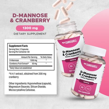 CUREWELL D-Mannose & Cranberry 1300mg | 120 Capsules | Vegan & Non-GMO UTI Support