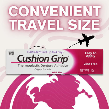Cushion Grip Thermoplastic Denture Adhesive – 0.35 oz Travel Size (3 Pack) | Up to 4 Days Hold