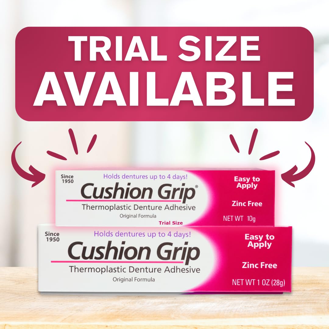 Cushion Grip Thermoplastic Denture Adhesive – Travel Size 0.35 oz (Pack of 10) | Up to 4 Days Hold