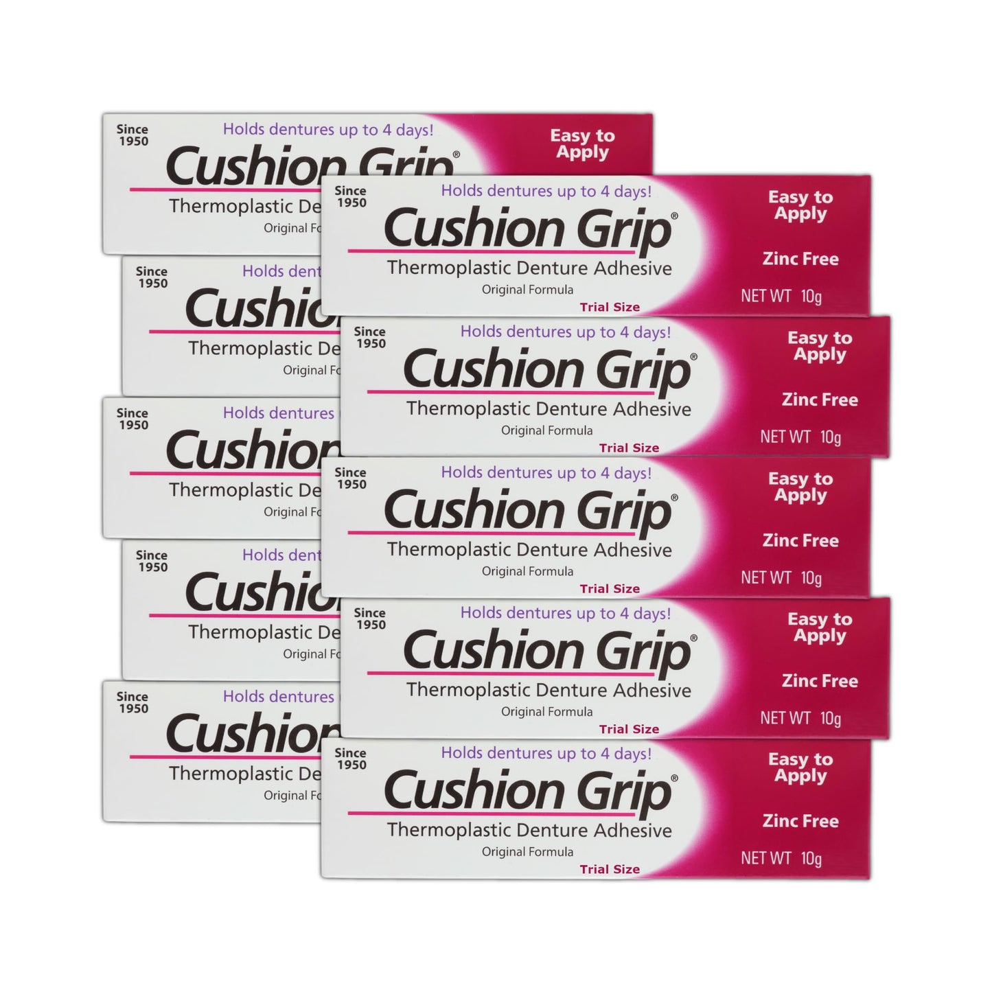 Cushion Grip Thermoplastic Denture Adhesive – Travel Size 0.35 oz (Pack of 10) | Up to 4 Days Hold